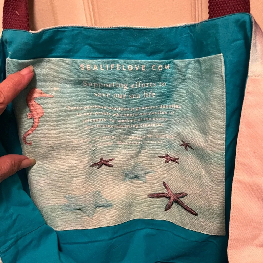 SEA LIFE LOVE Manatees Octopus Turtle Seagulls Tote Canvas Beach Bag. New. - Picture 7 of 7